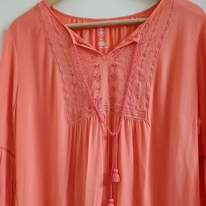 St. John's Bay Womens Orange  Peasant Bell Sleeve Blouse Top Tie Neck Sz XL